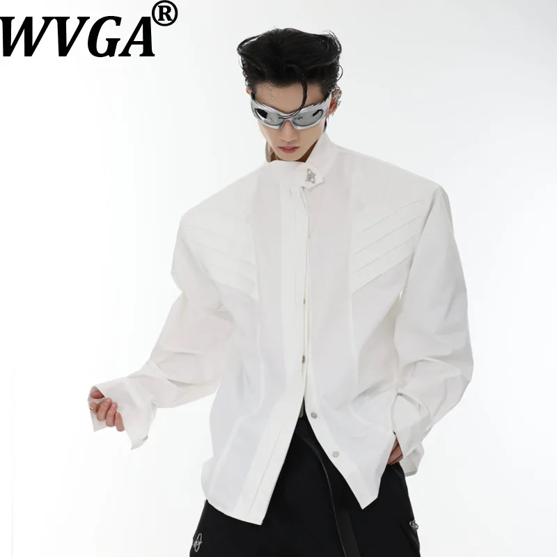 WVGA Spring Autumn New Men Tide Split Stand Collar Padded Shoulder Long Sleeve Shirts Niche Chic Casual Metal Trendy Tops W17670