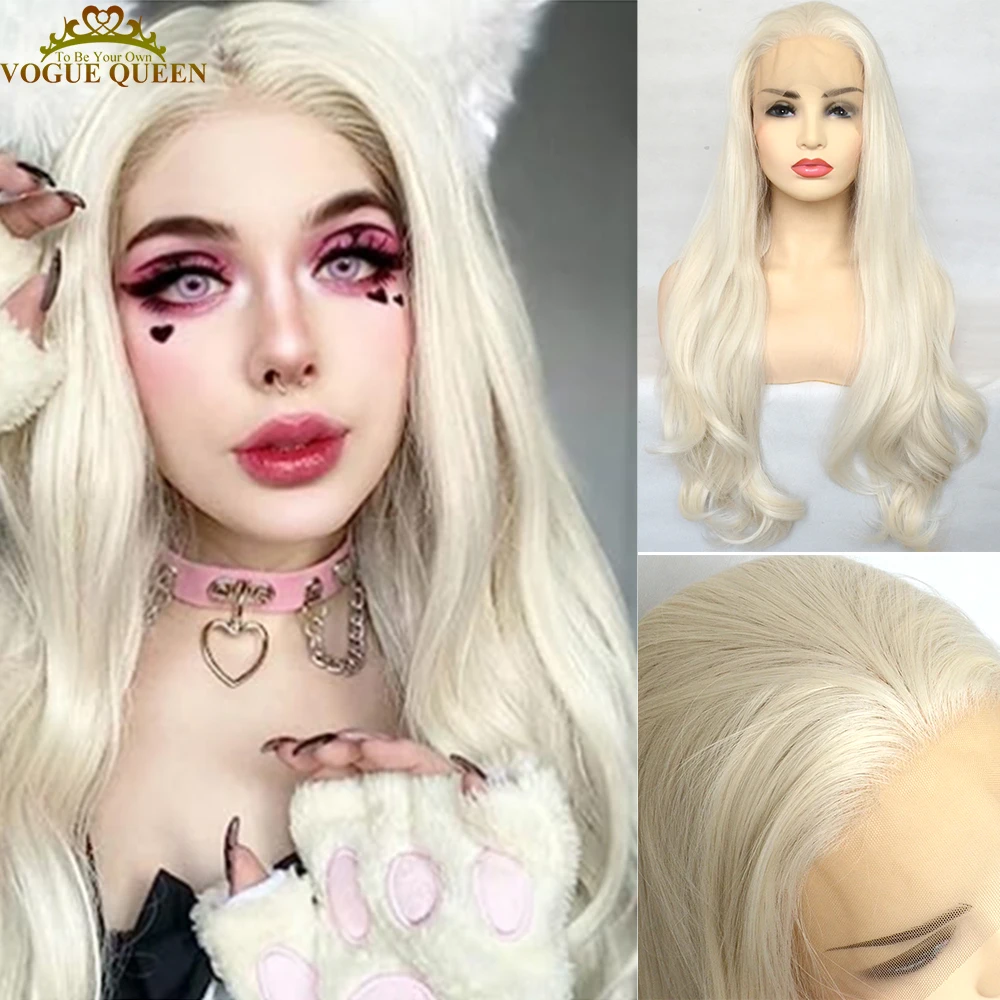 Voguequeen Platinum Blonde Synthetic Lace Front Wig Long Wave Hair Heat Resistant Fiber Natural Hairline For Women