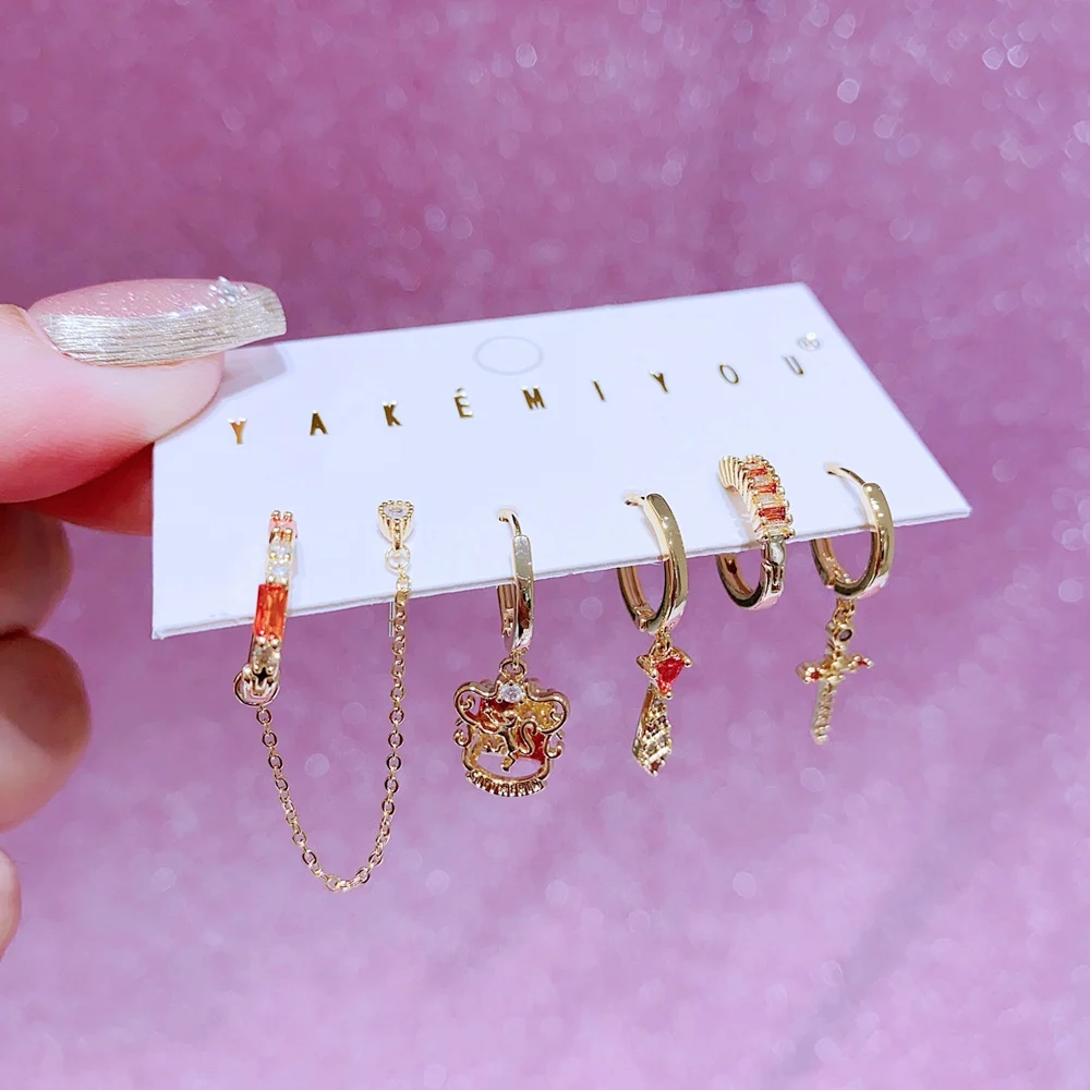 MIGGA 6pcs Red Cubic Zircon Crystal Cartoon Dangle Earrings Set Gold Plated Copper Women Party Jewelry