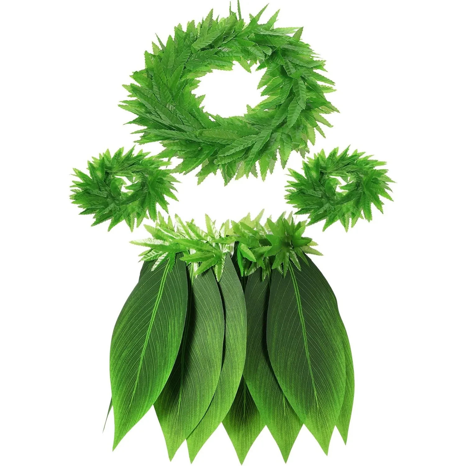 Hawaiianisches Blatt Hula Rock Leis Set Tropisches Stirnband Farnblatt Armband Grüner Grasrock Hawaiianisches Kostüm Halloween Luau Party