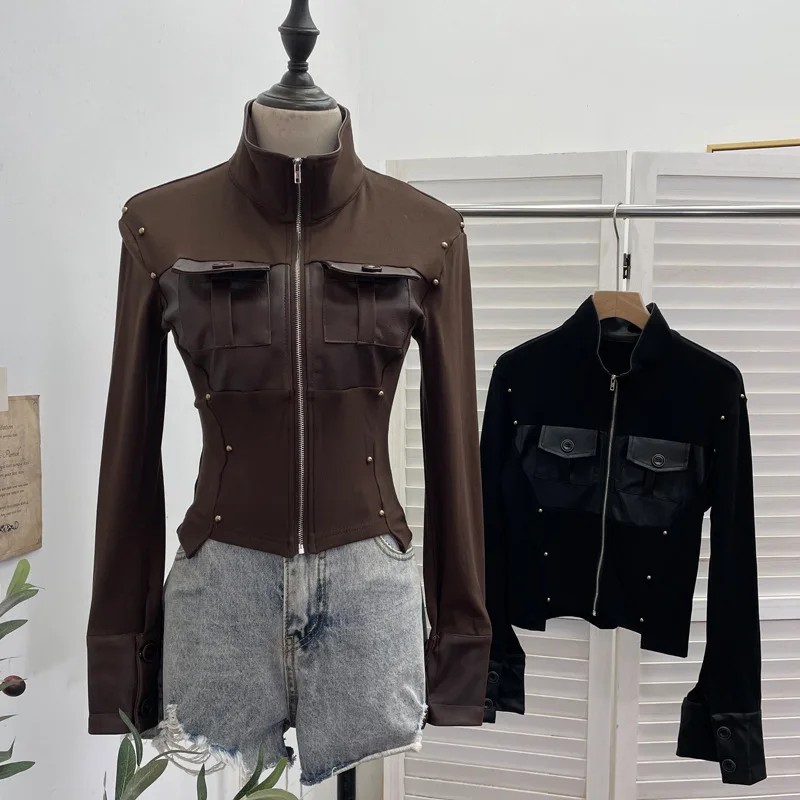 

Women's Elegant Vintage Modern Zipper Stand Collar Paneled PU Leather Shirt Short Y2K Cool Jacket Brushed Top Streetwear 1365
