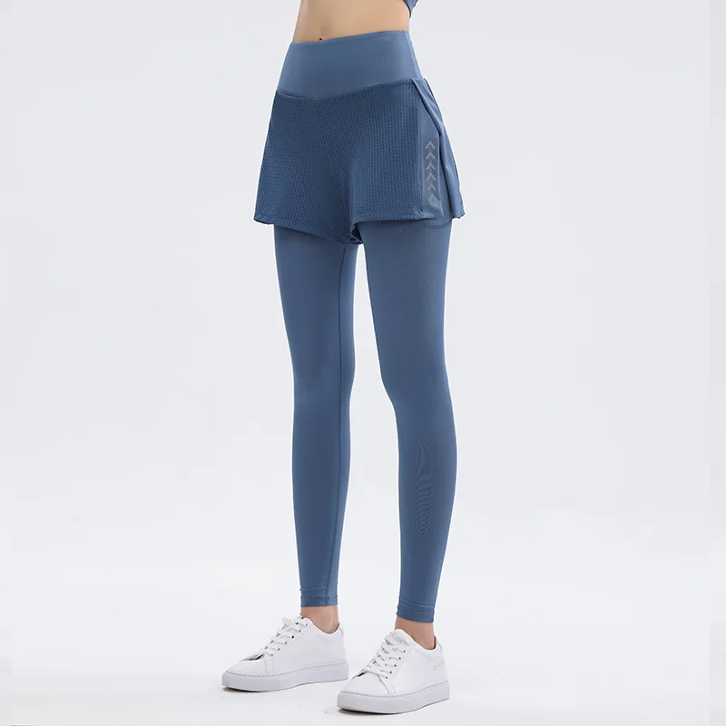 Women Sports Leggings Elastic High Waist Yoga Pants Fake Two Piece Running Trousers Quick Dry Elastic Gym Fitness Tights Female