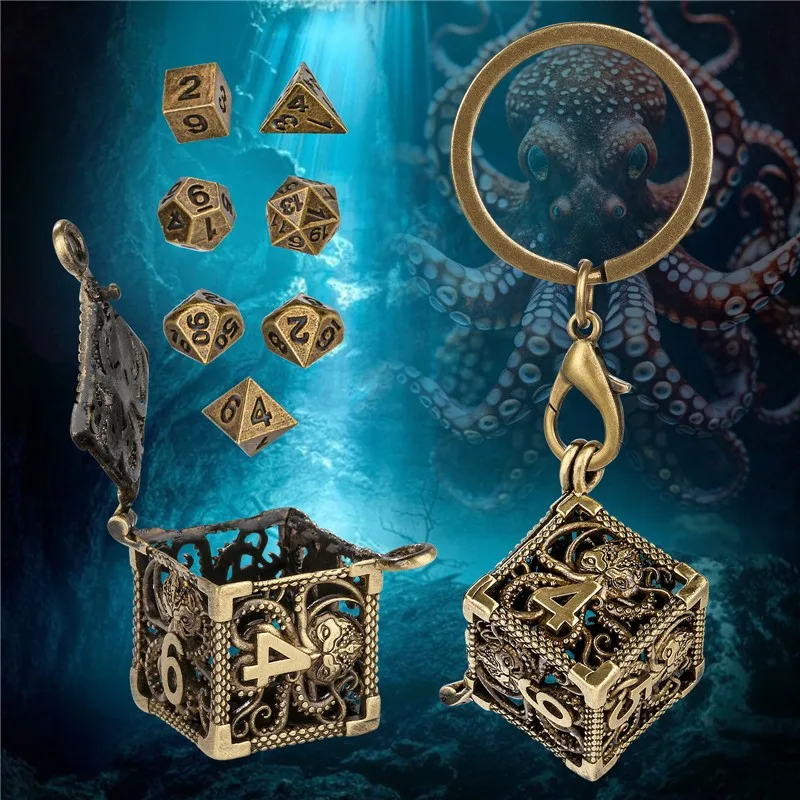 7-piece mini metal polyhedral dice pendant necklace chain keychain hollow D6 octopus storage box DND board game