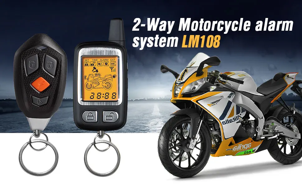 500m-Remote & 15m-BT APP Control Engine Starter /Lock+Unlock SPY 2-Way Motorcycle Burglar Alarm 120dB sound + Vibration alarm
