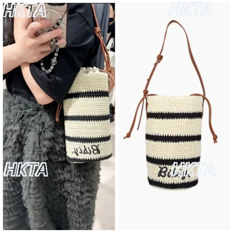 Japanese Alphabet Embroidered Woven Bucket Bag Fashion Simple Striped Knitted Bag Crossbody Shoulder Bag Lightweight Handbag