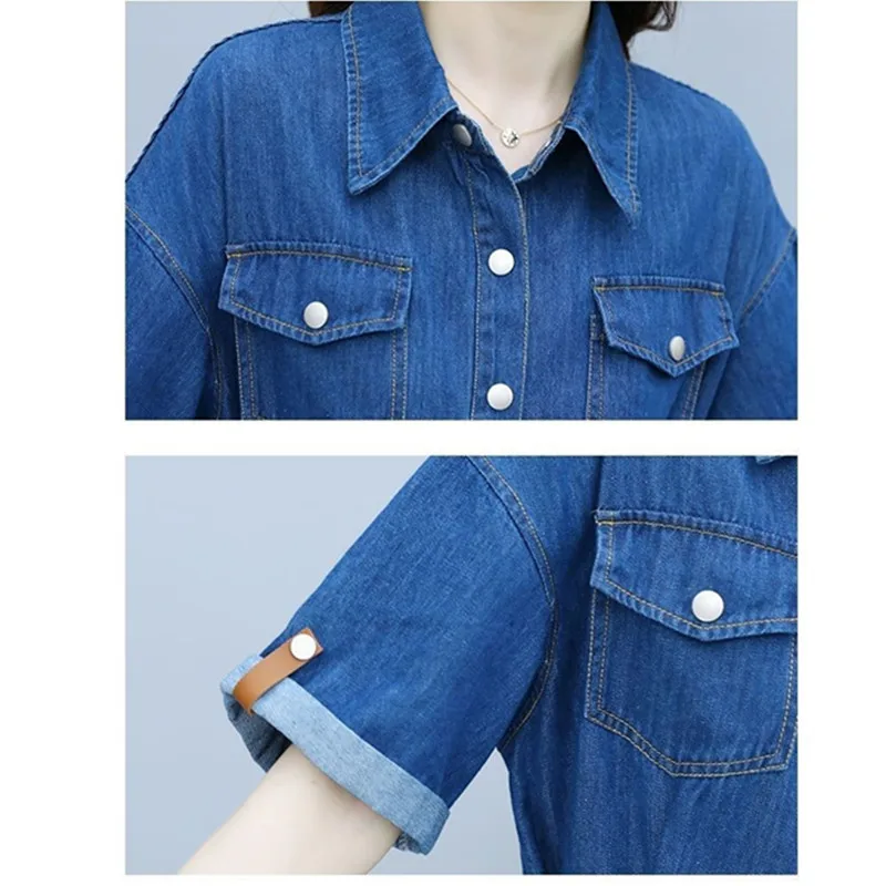 Vintage Denim Shirt Dress Female 2024 Summer New Korean Fashion Slim Short Sleeve A-line Dress With Belt Casual Women\'s Clothing