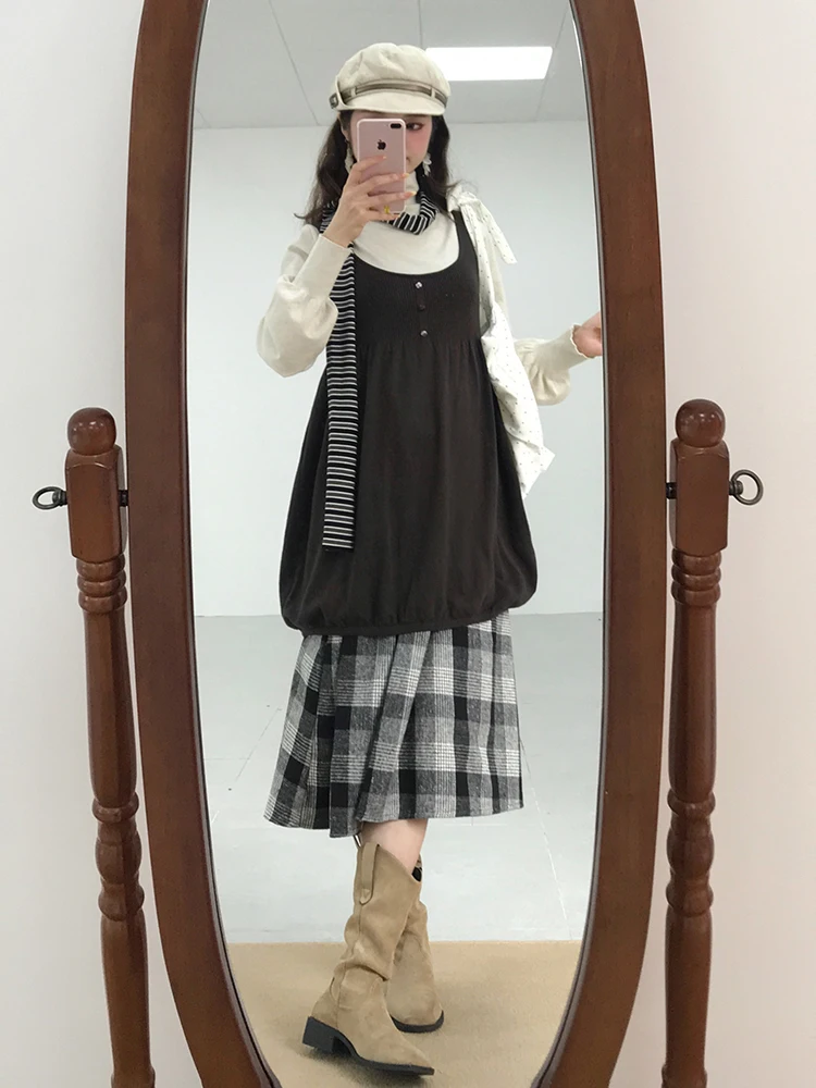 Laidba Holiday Vintage Set Top Ruffle Vest Long Plaid  Skirt Tee Piece Set Autumn Faion Women's Long Sve Outfit