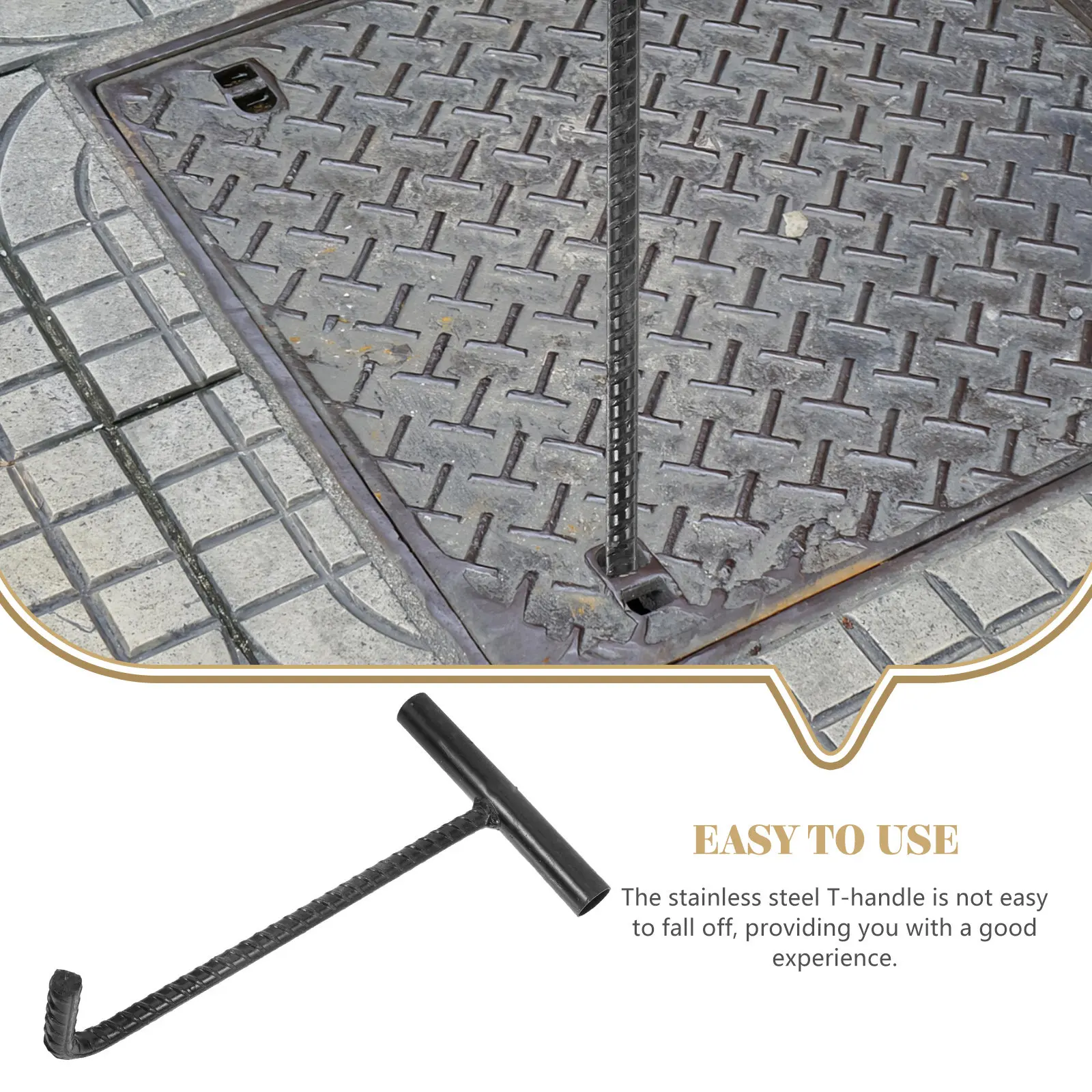 Professional Manhole Cover Hook Stainless Steel T Handle Lifting Device with Ergonomic Grip for Sewer Drain Grate Rolling Door