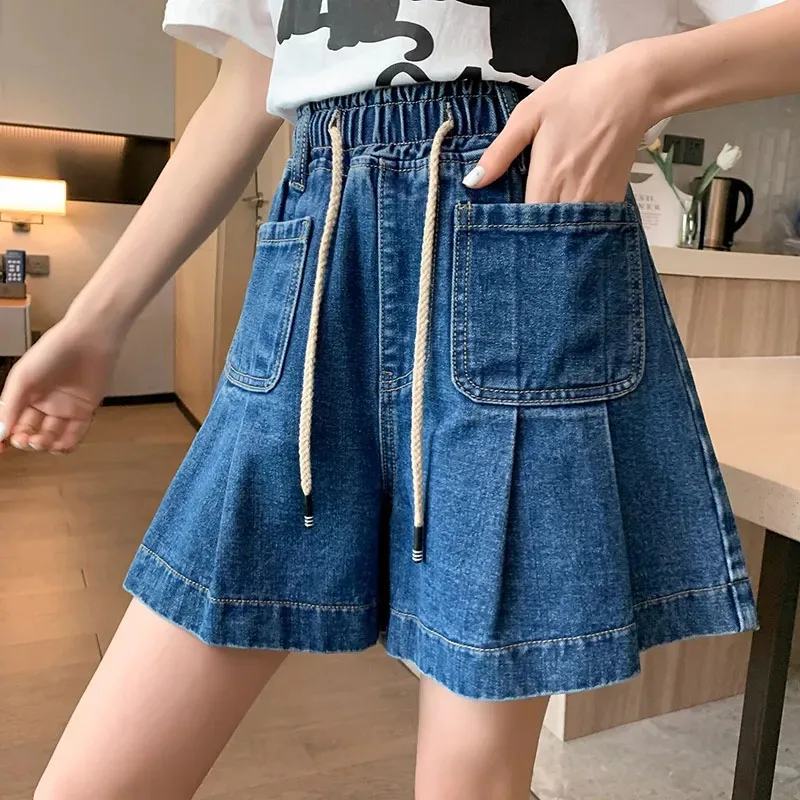 Casual All-Match Denim Shorts for Women Korean High Waist Lace-Up Shorts Woman Fashion with Pockets Plus Size 6Xl Wide Leg Pants