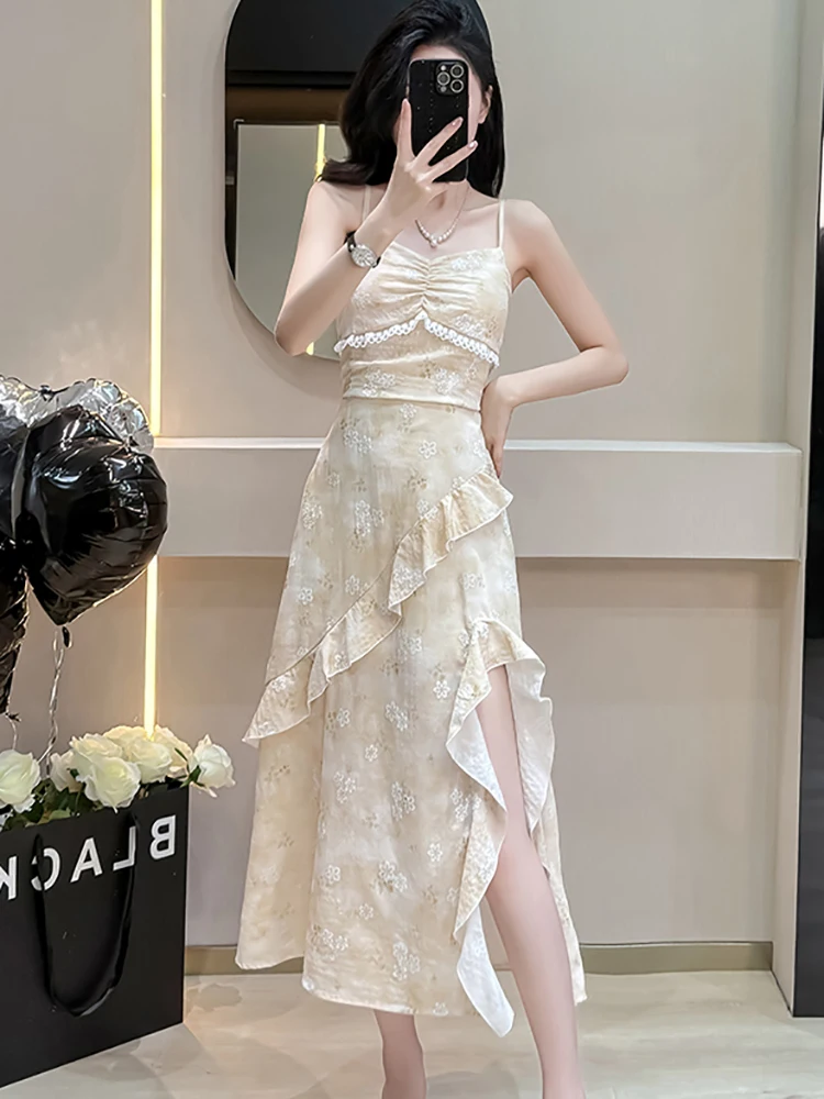 Zomer Vrouwen Koreaanse Mode Elegante Casual Vakantie Jurk Past 2025, Nieuwe Bloemen Chiffon Verstoorde Sling Jurk + Kant Top Shirts Suits