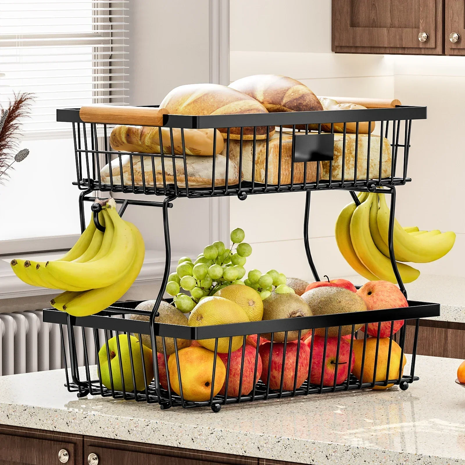 

2-Tier Fruit Vegetable Basket,Organizer for Bread Vegetable Detachable ,Large Capacity Storage Stand,Black