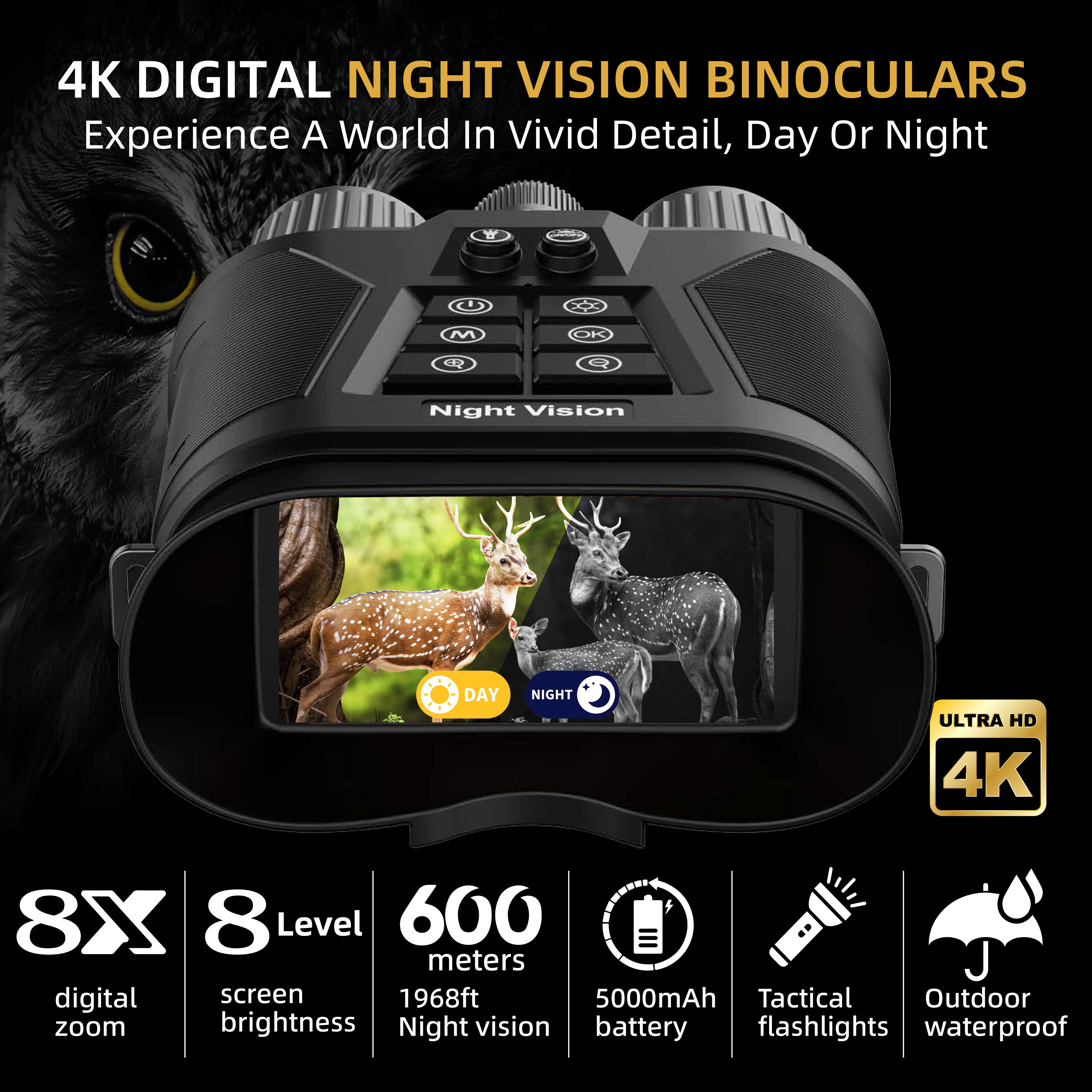 4K Infrared Night Vision Binoculars 3 inch Large Screen 8X Digital Zoom 600M Long Distance 5000mAh Battery For Hunting Camping