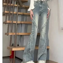 Quality Jeans for Spring and Autumn High Waist Slimming Design Raw Edge Design for Women Patchwork Washed Denim Y2k Flared Jeans