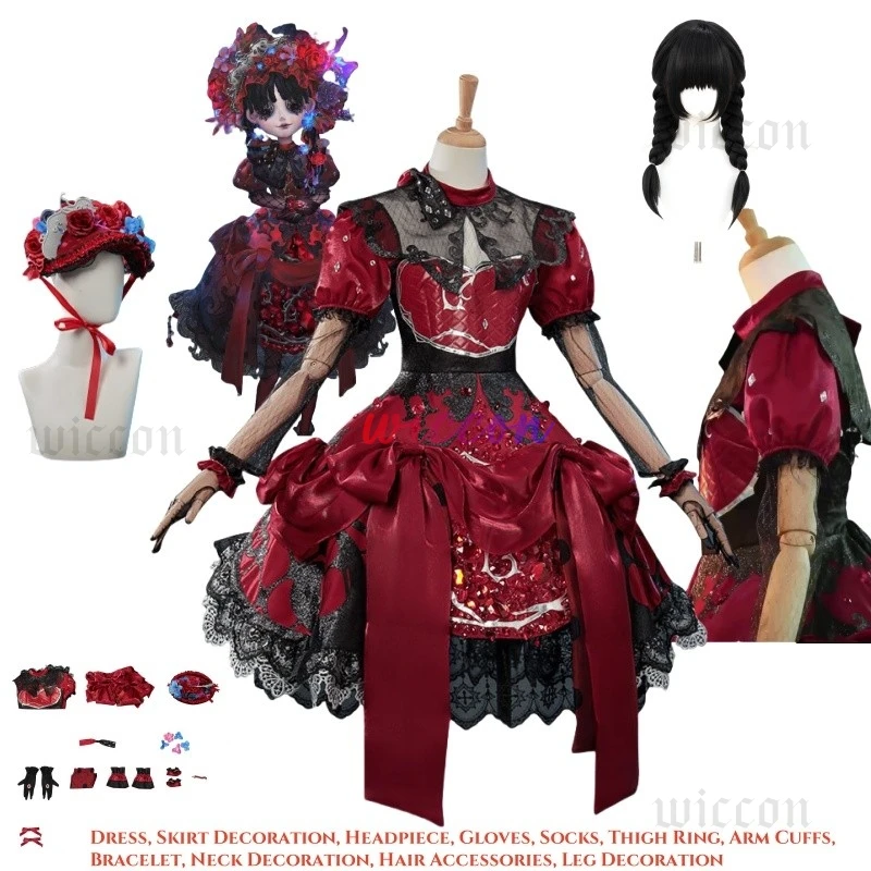 

Little Girl Miss Pomegranate Cosplay Costume Wig Identity V Alice DeRoss Dress Headwear Hairclips Gloves Props Women Girls Party