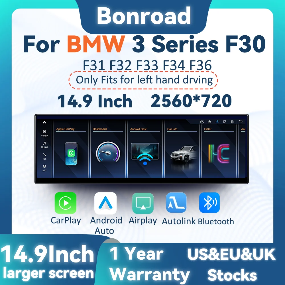 BONROAD 14.9 inch 2560*720P Wireless Wired CarPlay Android Auto Car Radio GPS Multimedia Display Touch Screen For BMW 3 Series F30 F31 F32 F33 F34 F36 NBT EVO system Airplay Autolink Mirroring Car Stereo Navigation