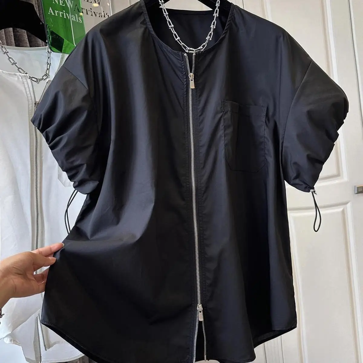 Summer Women Cotton Shirts Blouse Zipper Retro Vintage Shirts Oversized Pullovers Outerwear Oversized Short Sleeve Female Tops