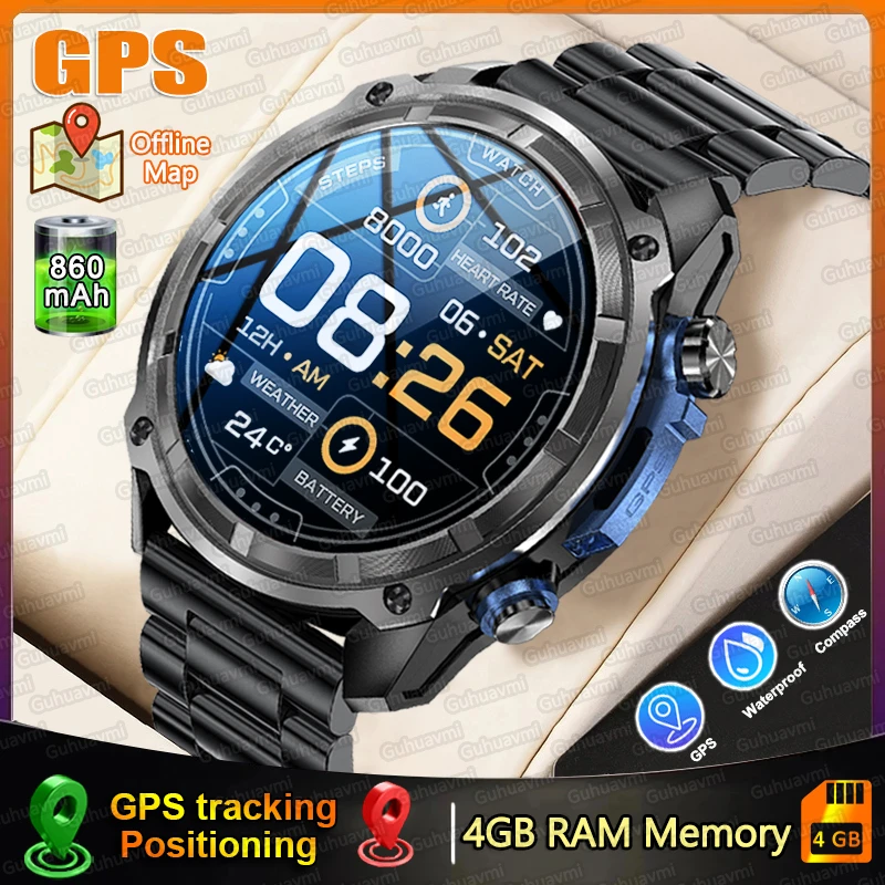 Смарт-часы с GPS для мужчин, 4 ГБ, локальная память, 466*466 AMOLED, Bluetooth-вызовы, спортивные, 860 мАч, компас, водонепроницаемые, GPS-карта, умные часы, 2025Новинка