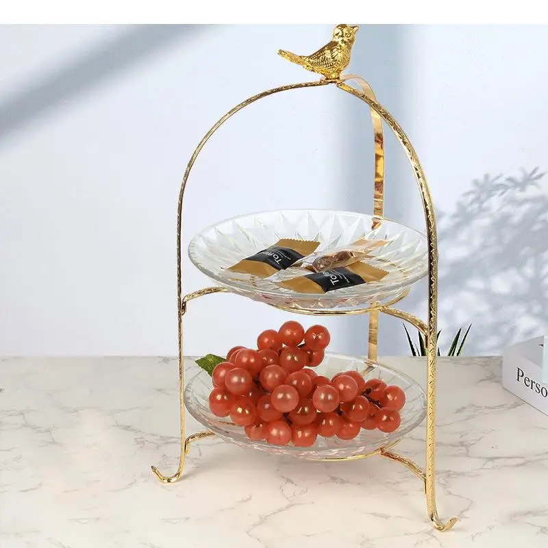 

Double Layer Fruit Plate Metal Glass Cake Pan Stand Dessert Bread Dim Sum Plates Candy Snack Tray Display