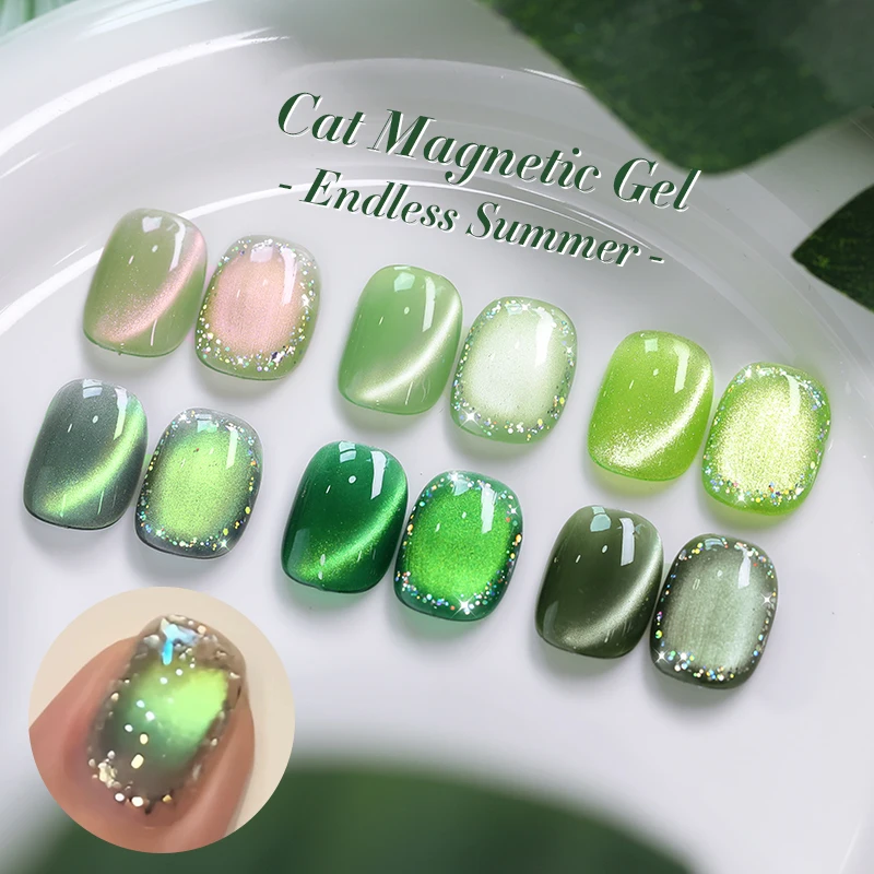BORN PRETTY 10ml Green Endless Summer Cat Magnetic Gel Nail Polish  Glass Bead Shadowstar Bamboo Soak Off UV Nail Art Varnish