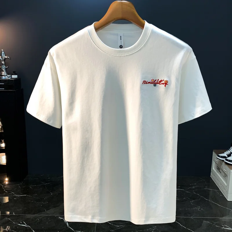 Handwritten floral embroidery short sleeved T-shirt for men, high-end fashion, loose fit, summer casual couple clothing