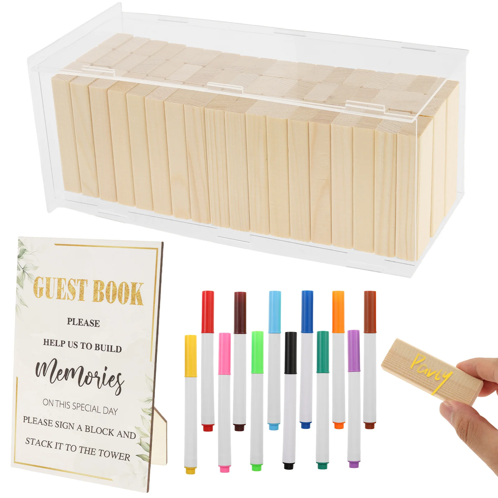 

80pcs Unfinished Wooden Blocks for Crafts Square Blocks With Colorpen Reception Guest Book Block for Wedding Anniversary Party