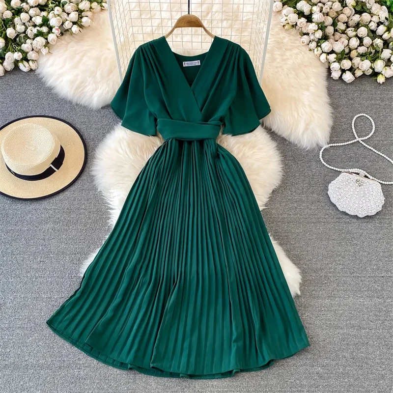 

Women Dress 2025 New Summer Fashion V-neck Print Floral High Waist A-line Chiffon Dress Korean Beach Long Robe Femme