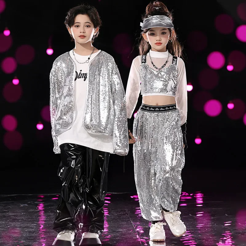 

Детская одежда в стиле хип-хоп, серебряная рубашка-кардиган с пайетками, майка, черные повседневные брюки из искусственной кожи для девочек и мальчиков, костюм для джазовых танцев, одежда