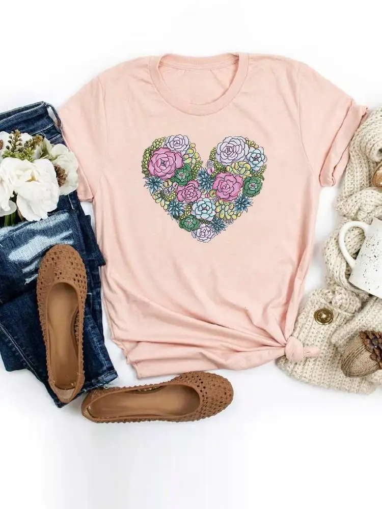 

Love Heart Plant Trend Sweet Women Short Sleeve Fashion Summer Graphic Tee Print Clothing T-shirts Cartoon Shirt Female T Top