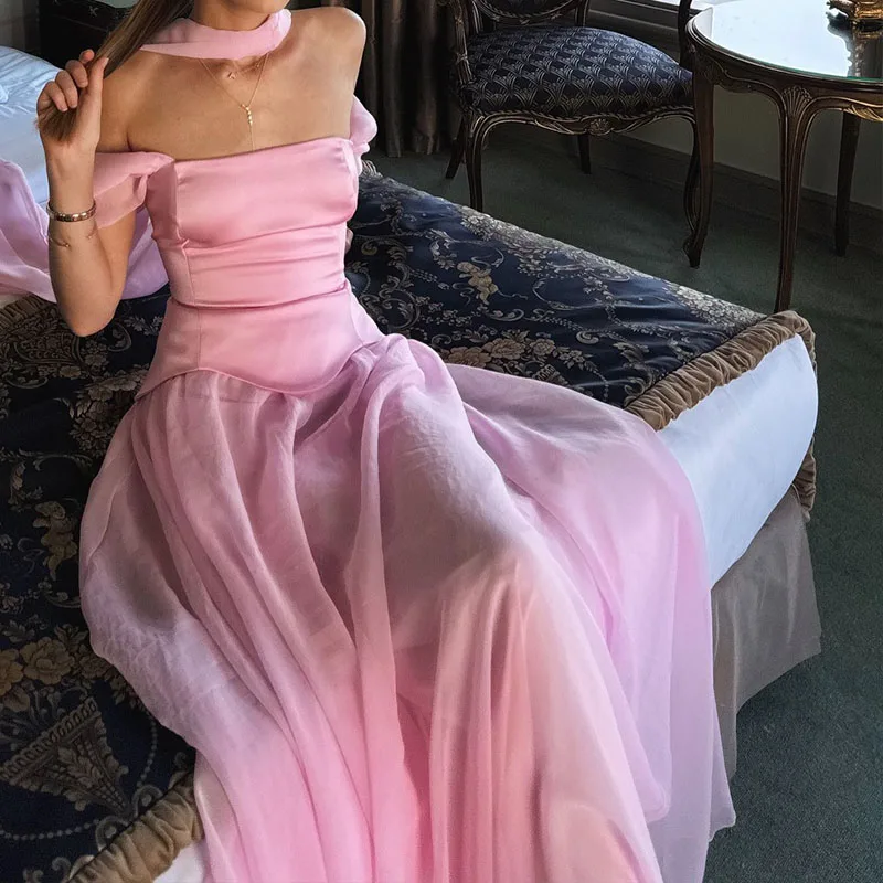 Elegancka sukienka maxi na wiosnę 2025, damska, seksowna, bez ramiączek, z wysokim stanem, rozkloszowana, letnia sukienka boho z odkrytymi plecami i zamkiem błyskawicznym.