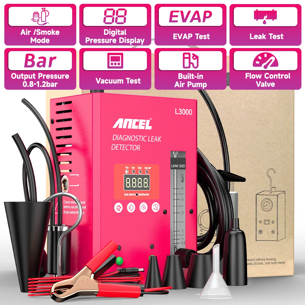 

ANCEL L3000 Automotive EVAP Smoke Machine Leak Tester Tool Built-in Air Pump Digital Pressure Gauge EVAP Smoke Machine Leak Test