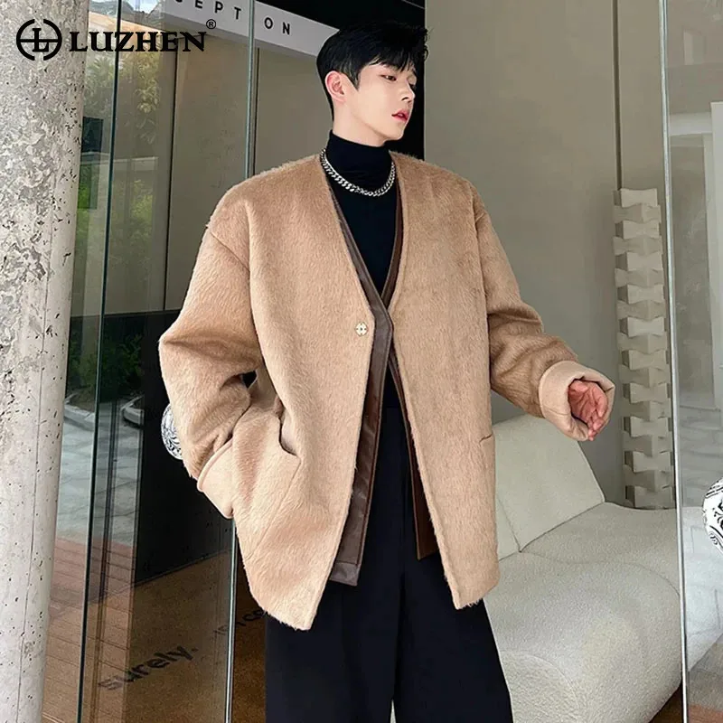 

LUZHEN Elegant Casual 2025 Korean New Fleece Coat Original Men Fashion High Quality Solid Color Leather Patchwork Jacket JY5518