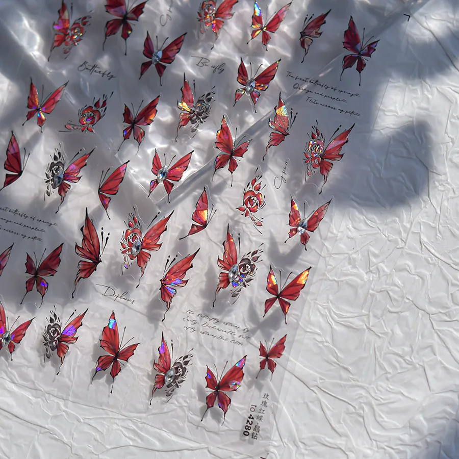 レッドゼリーヘビ蝶ローズフラワーキャットアイストーンホットスタンピングスライバー自己粘着ネイルアートステッカー繊細なマニキュアデカール