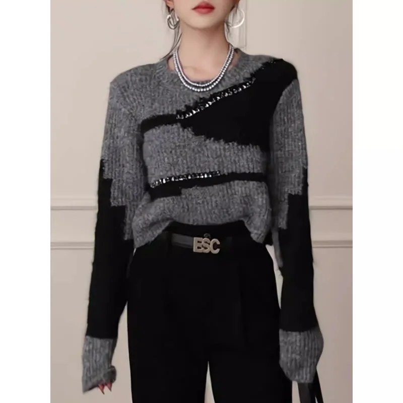 النمط الفرنسي الكشمير المرقعة سترة المرأة الخريف الشتاء جديد س الرقبة طويلة الأكمام الإناث البلوز ملابس Y2k غير رسمية