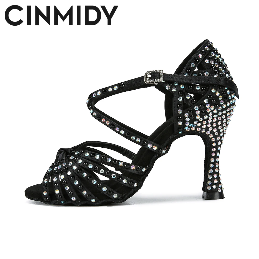 CINMIDY Satin Latin Dance Shoes For Women Black Ballroom Dancing Shoes Ladies Salsa Tango Dance Shoes Party High Heel Sandals