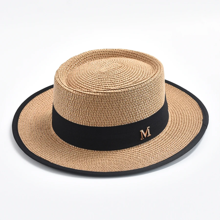 Spring Summer Straw Sun Hats for Women Ladies Fashion Flat Brim Ribbon Travel Beach Hat Outdoor UV Protection Hat