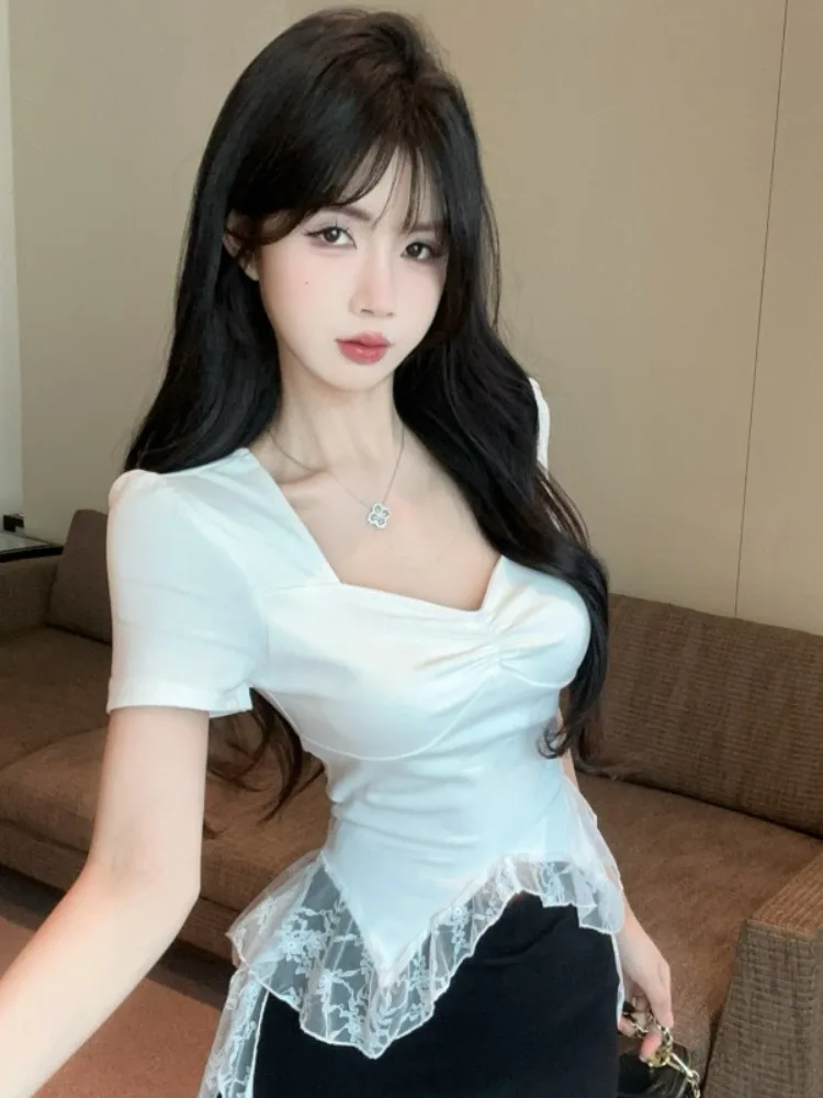 

Sexy Lace Trim Short Sleeve Square Collar Base Shirt Women's Summer New Style Spicy Girl T-shirt Cotton Polyester Elastic Fiber