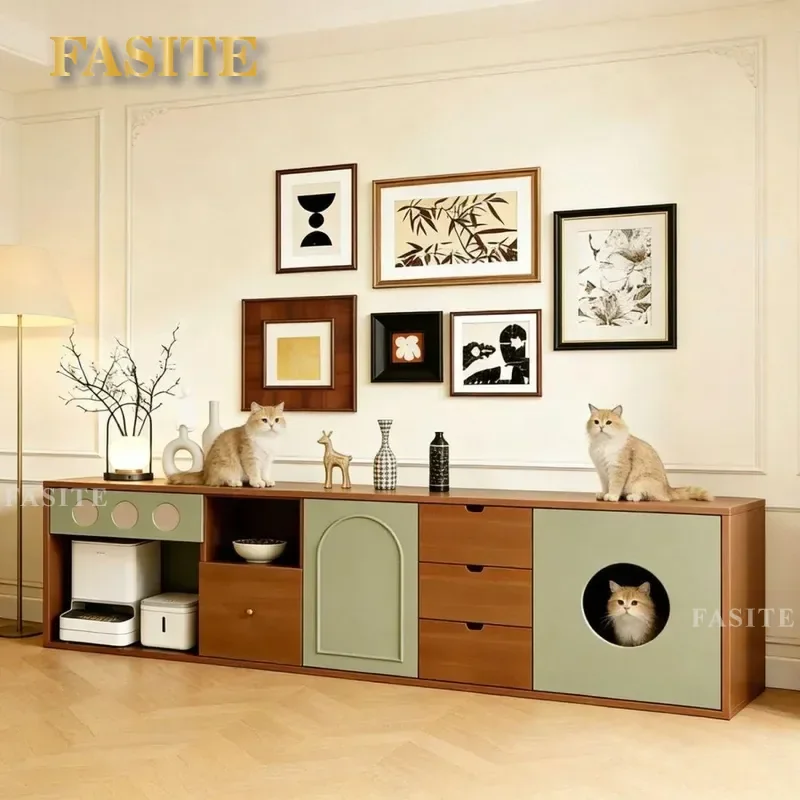 for Pet Solid Wood TV Cabinet Cat Nest Integrated Log Cream Style Medieval Living Room Home Floor