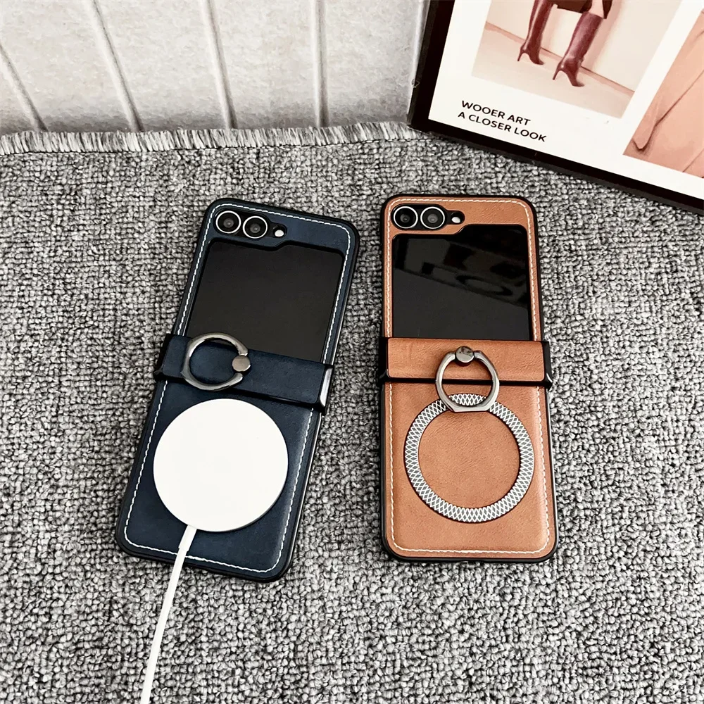 Frosted Leather Ring Holder Magsafe Magnetic Phone Case for Samsung Galaxy Z Flip 7 6 5 4 3 Flip7 FE Flip6 Wireless Charge Cover