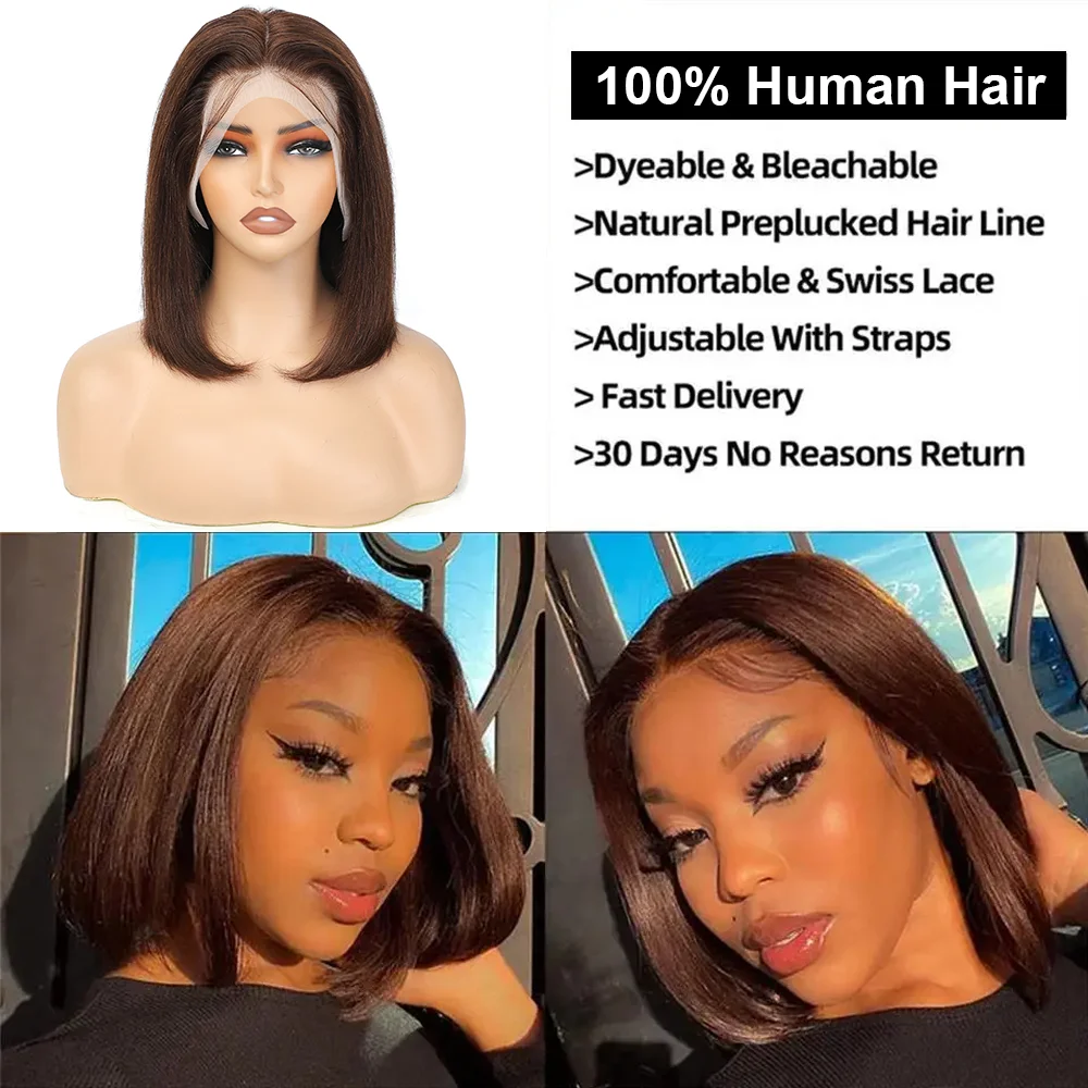 Chocolate Brown Bob Wigs 13x4 Color #4 Bob Wig Human Hair 180% Density Lace Front Wigs Human Hair Straight Short Bob Wig