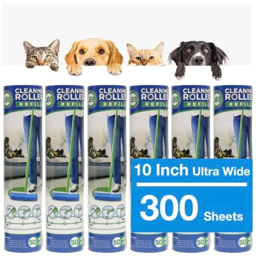 

10-Inch Wide Lint Roller Refills, 6 Rolls with 50 Sheets Each 300 Sheets Total,Extra Sticky for Pet Hair, Carpet and Floor Clea