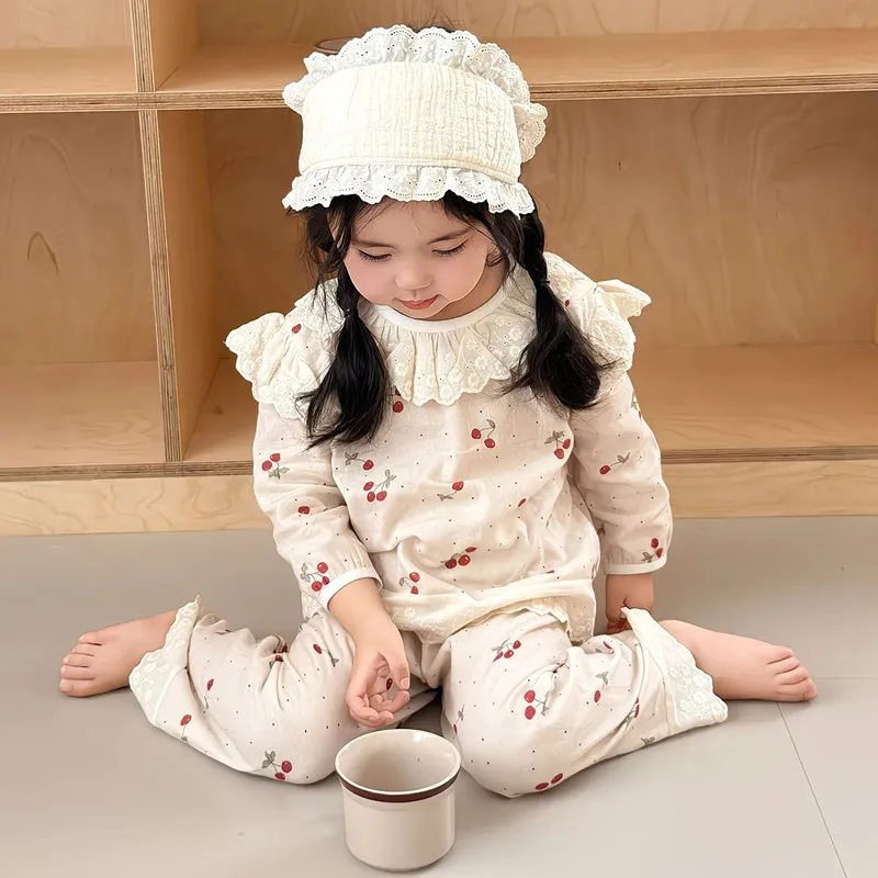Girls Set Clothes Baby Homewear Muslin Cotton Floral Pajama Outfit Kids Princess Doll Collar Suit Shirt Tops+Pants 2PC 0-7 Years