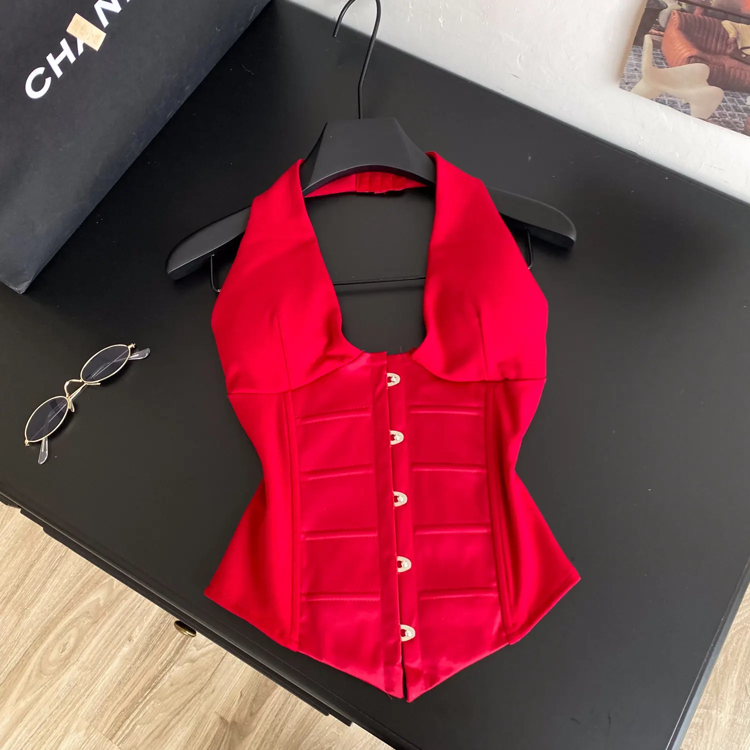 Halter Vintage Pleated Tank Top Korean Fashion Corset Bustier Summer Hotsweet Women Y2k Crop Top Camis
