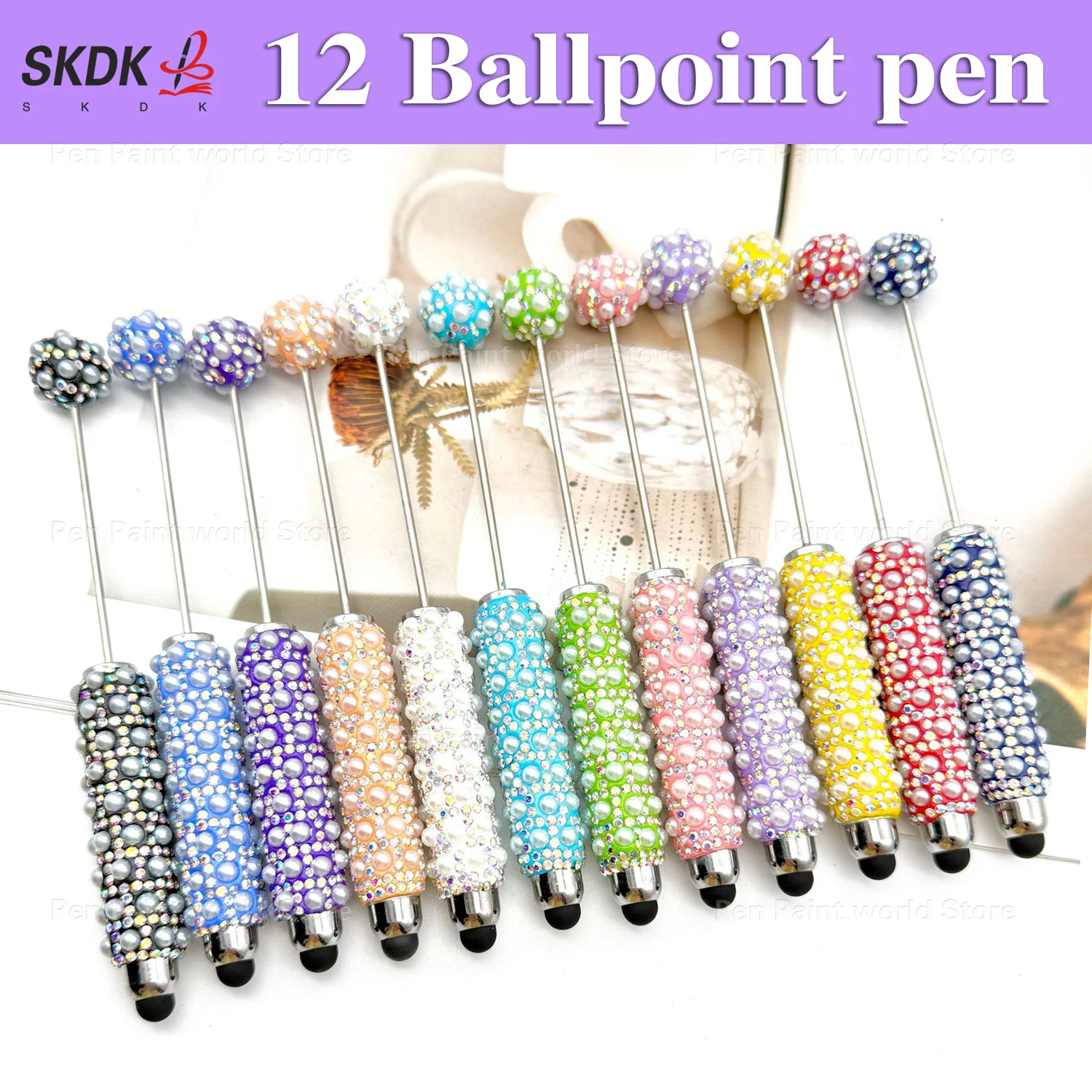 

12Pcs DIY Pearls & Full Rhinestone Inlay 2-in-1 Bead Ballpoint Pen & Stylus – Gift for School, Office & Crafts