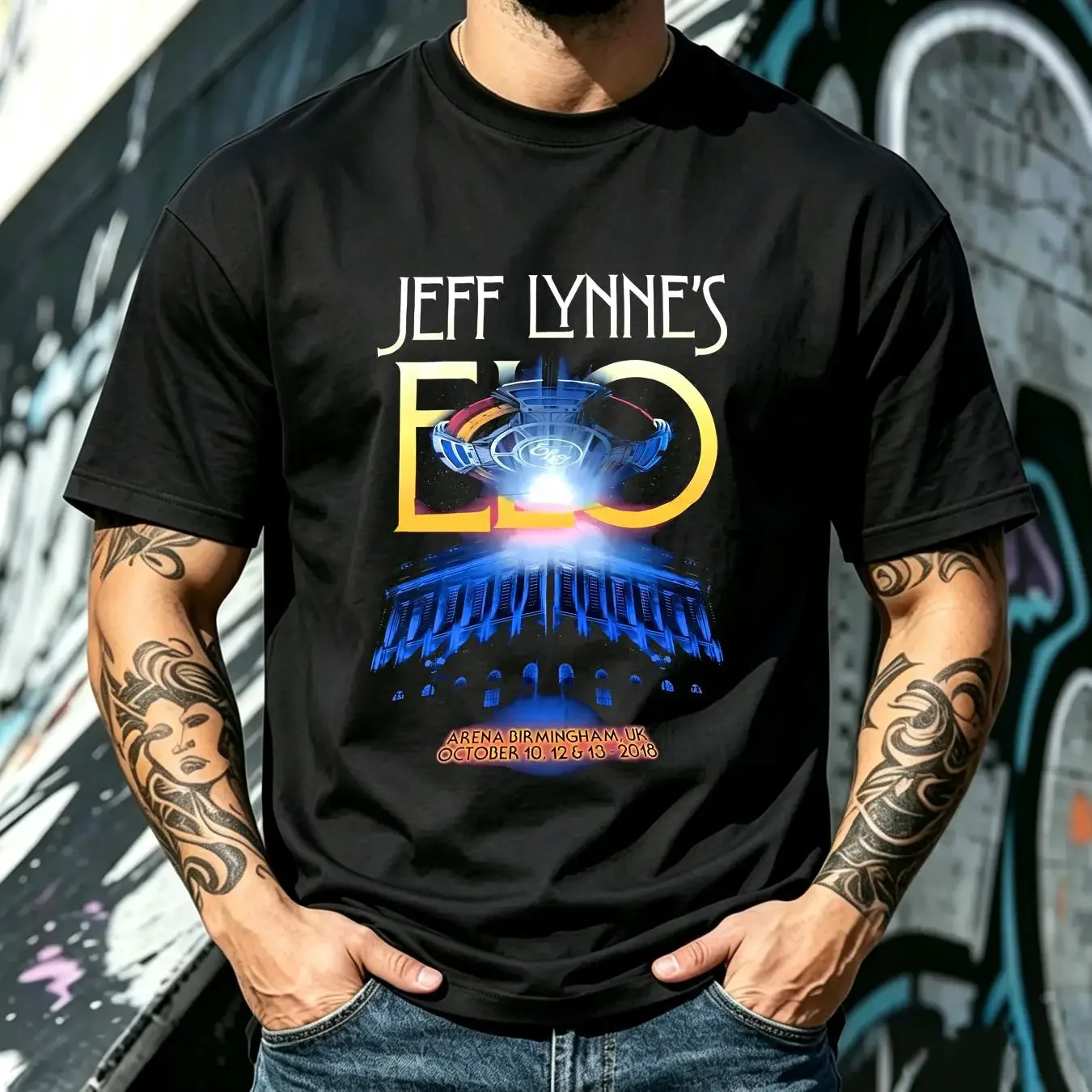 washed T Shirt Jeff Lynne ELO Tour Medium Black Concert Rock Band long or short sleeves vintage Washed streetwear Stretched