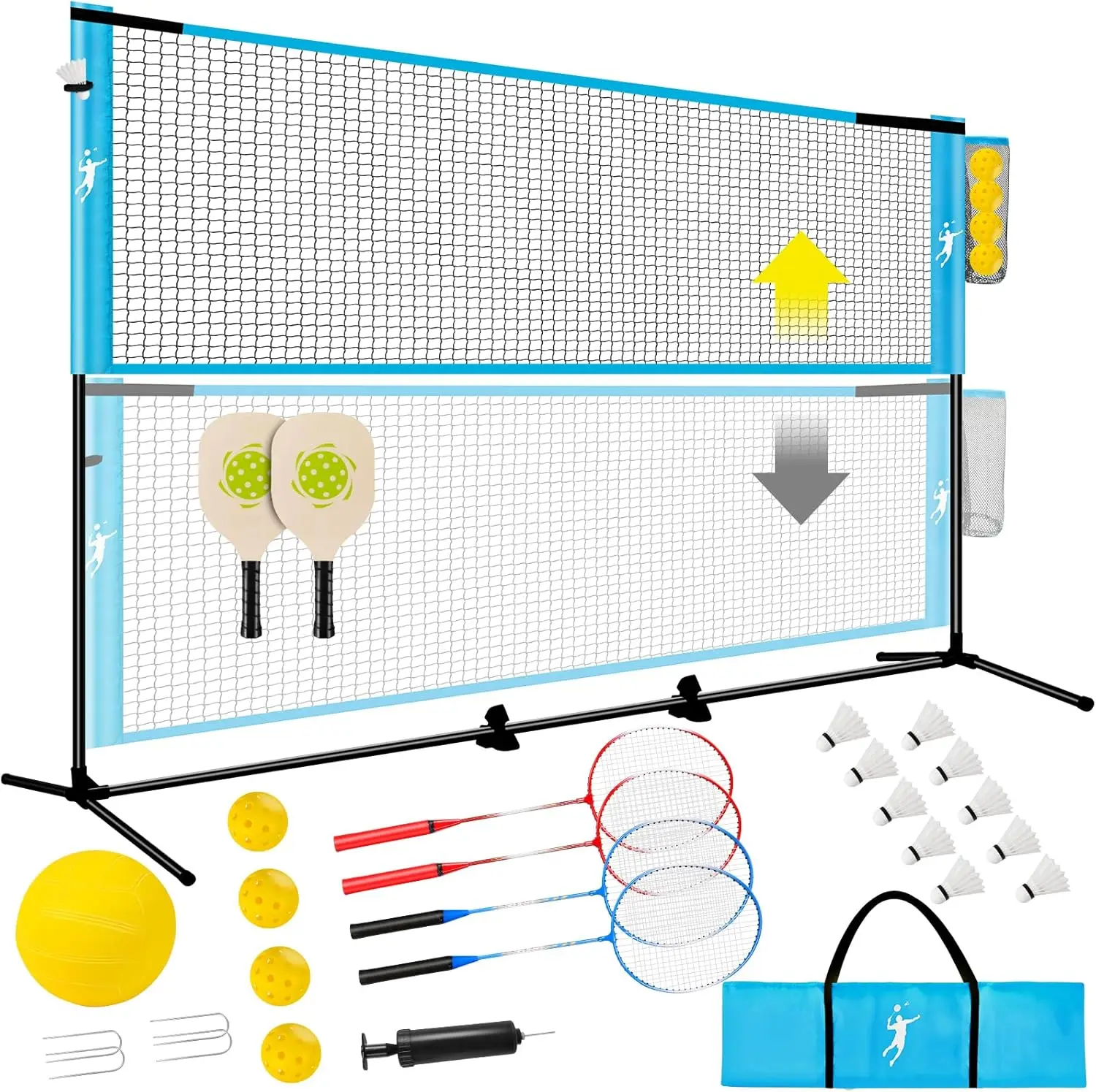 Portable All-in-One Volleyball Pickleball and Badminton Net Set with Adjustable Height, Includes Paddles and Rackets for Backyard, Indoor and Outdoor Use