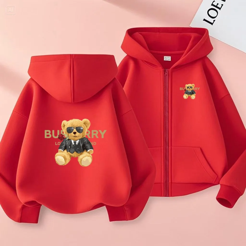 

kids Autumn Winter Cute Bear Print Cardigan Hoodies Zipper Style Sweatshirt Boys Girls 3-12Yrs Fashion Sports Casual Jogging Top