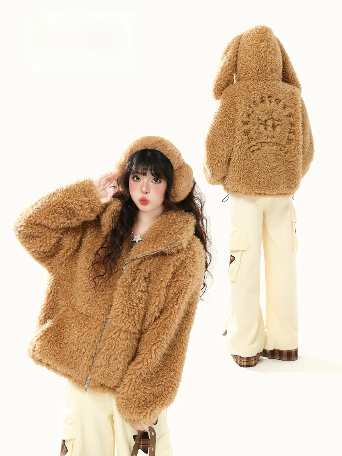 

ENJOG Мягкое плюшевое пальто с капюшоном и кроличьими ушками, женское, осенне-зимнее, утепленное, с длинными рукавами, свободного кроя, теплое, хлопковое