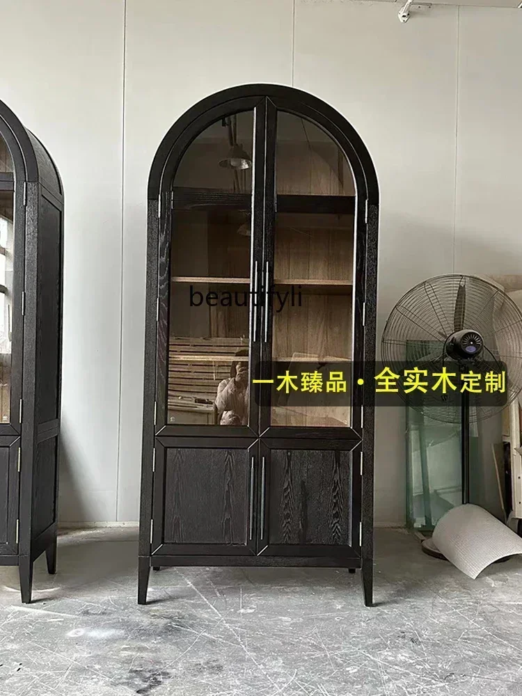 

1184merican Light Luxury Solid Wood Bookcase Full Solid Wood Retro Wine Cabinet with Glass Cabinet Door Arch Decoration