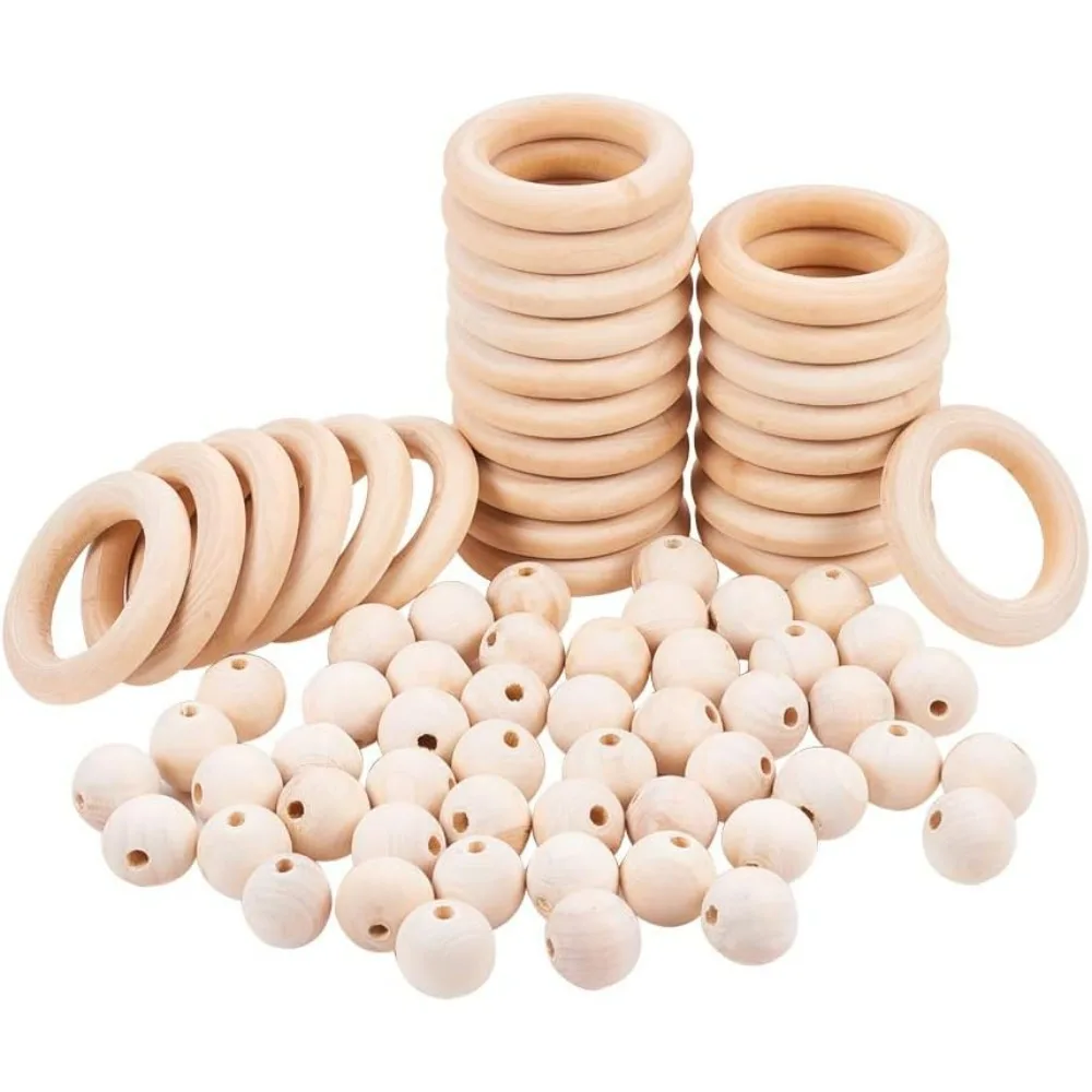 75pcs 20mm Wood Beads with 55mm Wooden Rings for Macrame Wall Hanging Christmas Tree Farmhouse Garland Decoration Jewelry Making