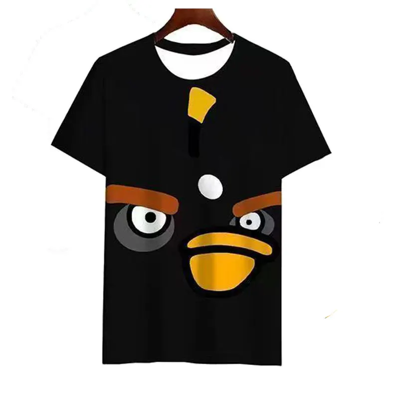 Angry Birds Face All Over Print Tee, Cartoon Casual Short Sleeve Streetwear T-shirt